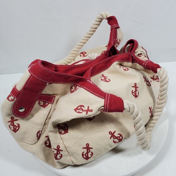 Vintage Sailor Canvas Bucket Bag Handbag Purse Red Tan 9x10x7 Inch - Picture 2 of 6